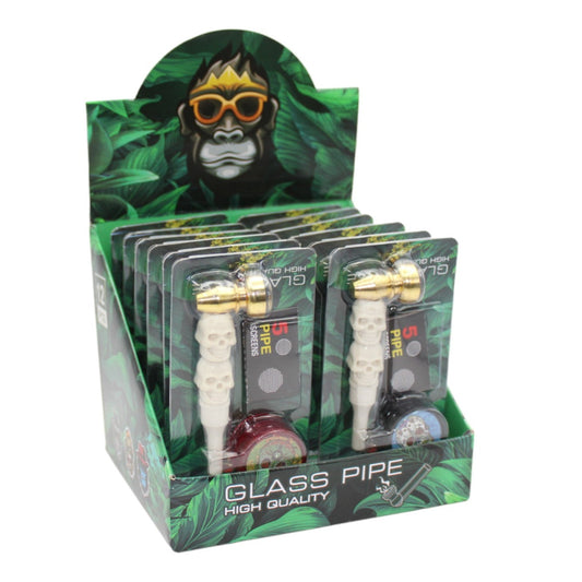 Glas Pfeife Totenkopf inkl. Grinder & Screens 12er Display