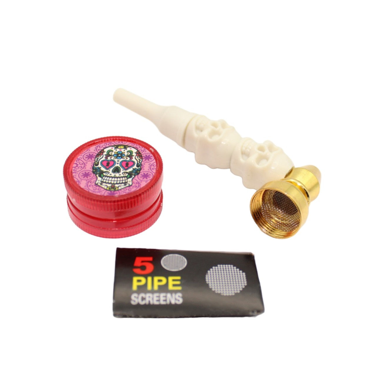 Glas Pfeife Totenkopf inkl. Grinder & Screens 12er Display