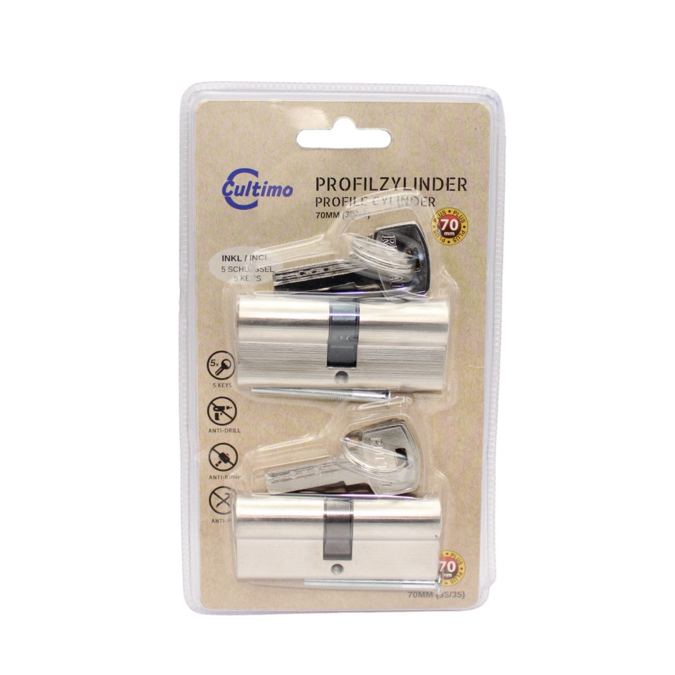 2x Profilzylinder Türschloss 70mm