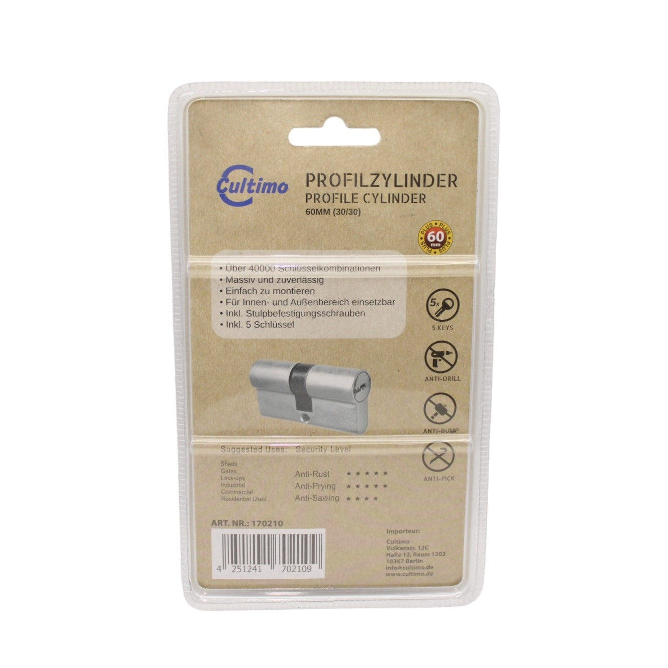 2x Profilzylinder Türschloss 60mm
