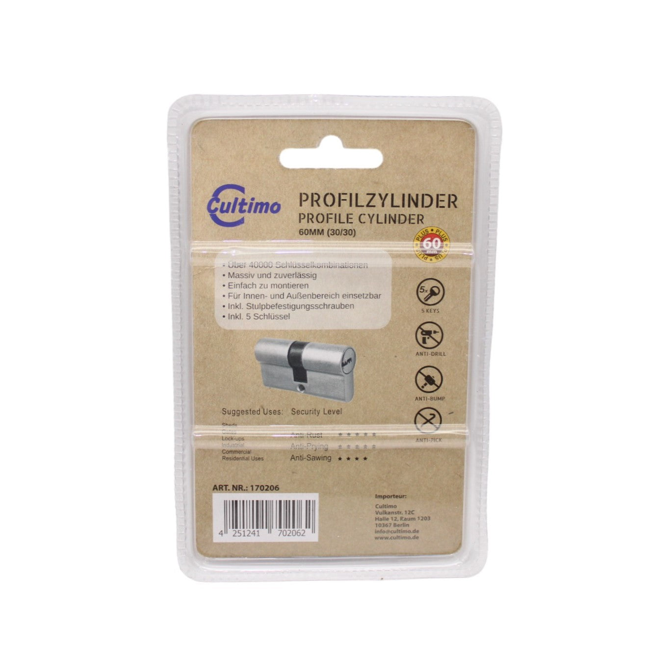 Profilzylinder Türschloss 60mm