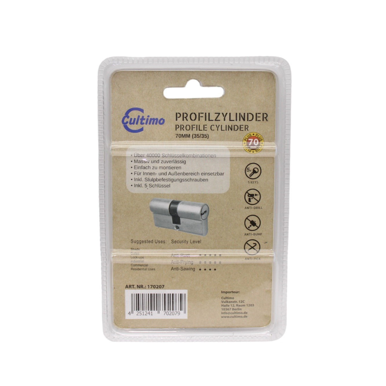 Profilzylinder Türschloss 70mm