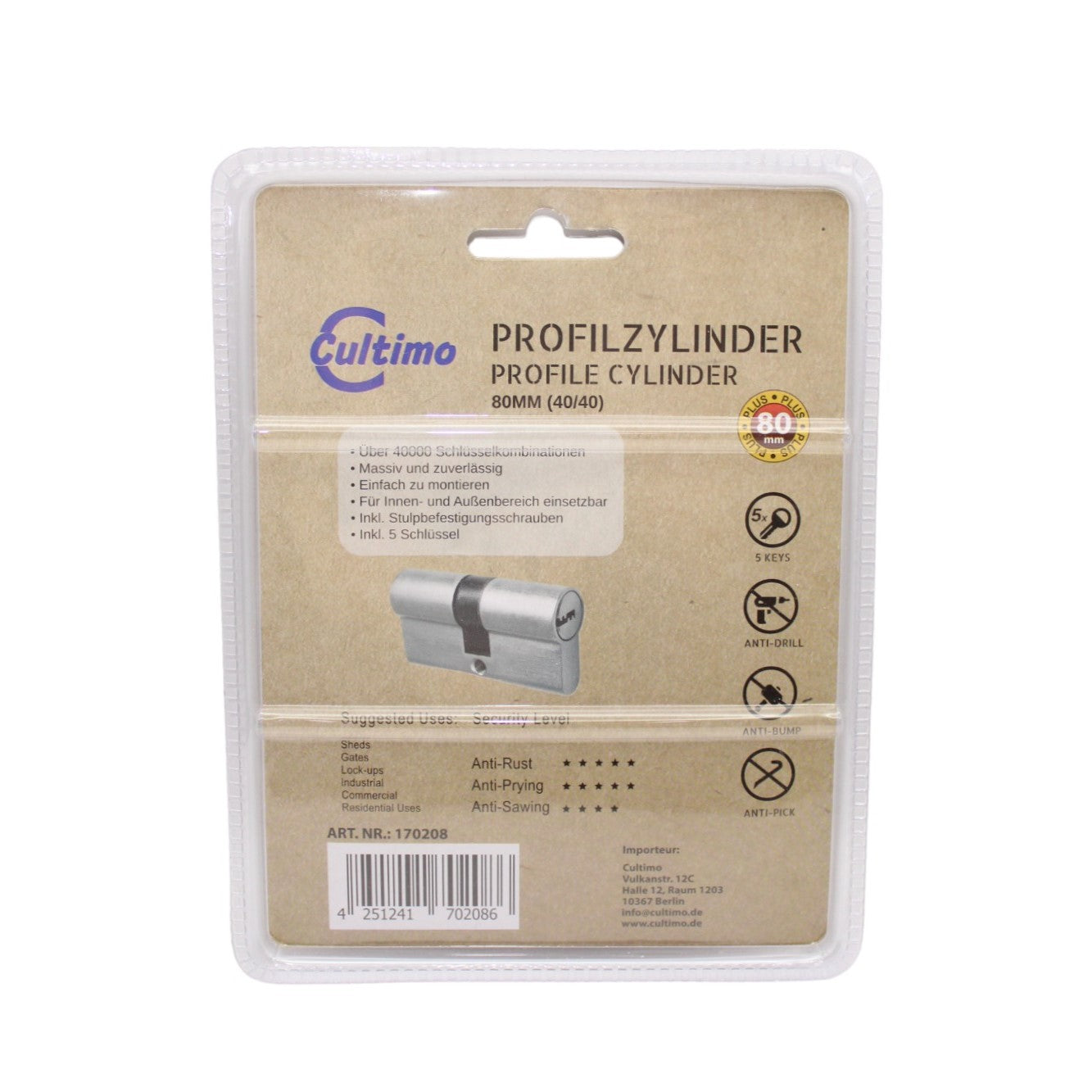 Profilzylinder Türschloss 80mm